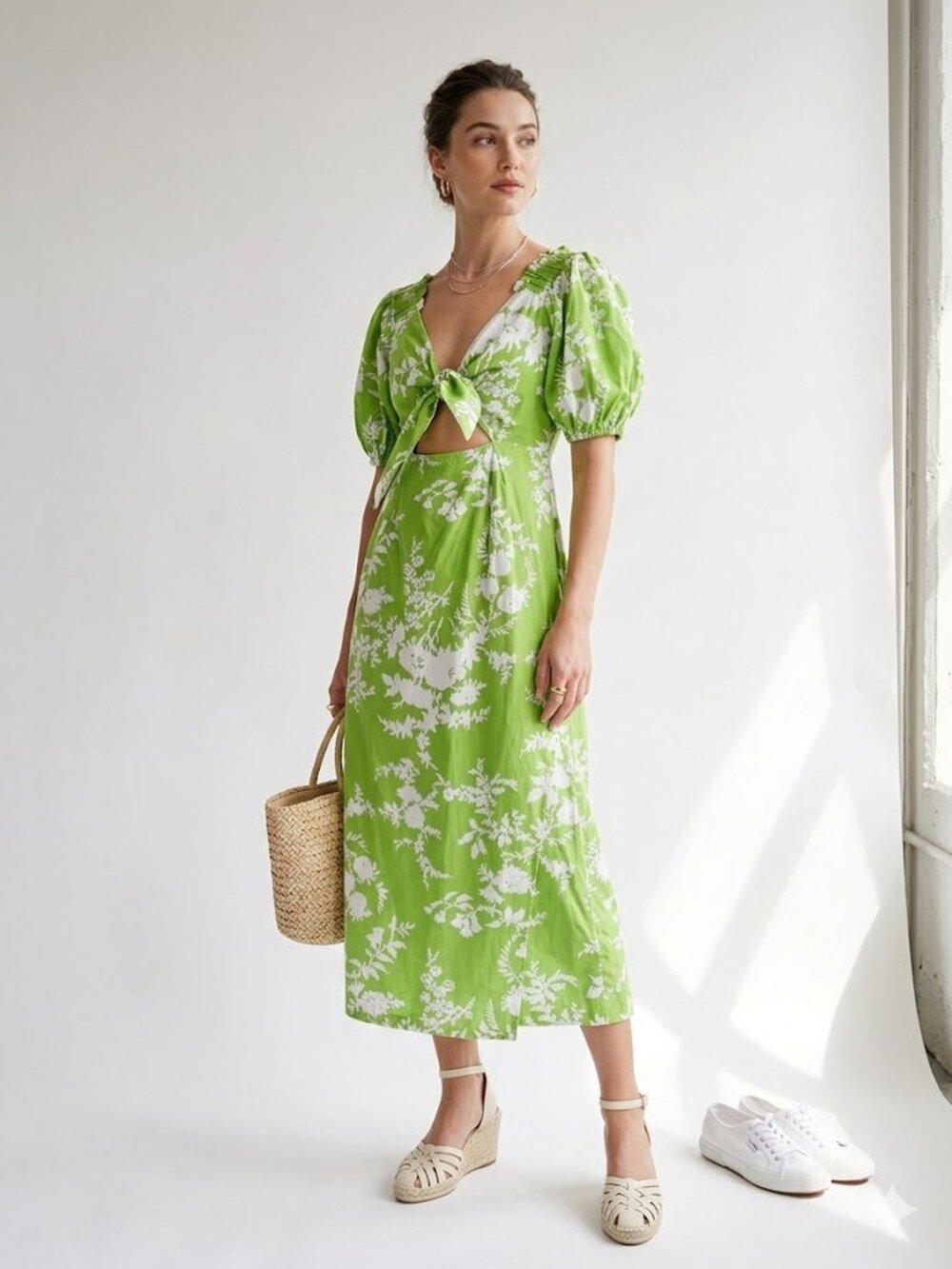 Chelsea 28 Green Floral Tie Front Midi Dress Small Cotton Puff Sleeve Wrap